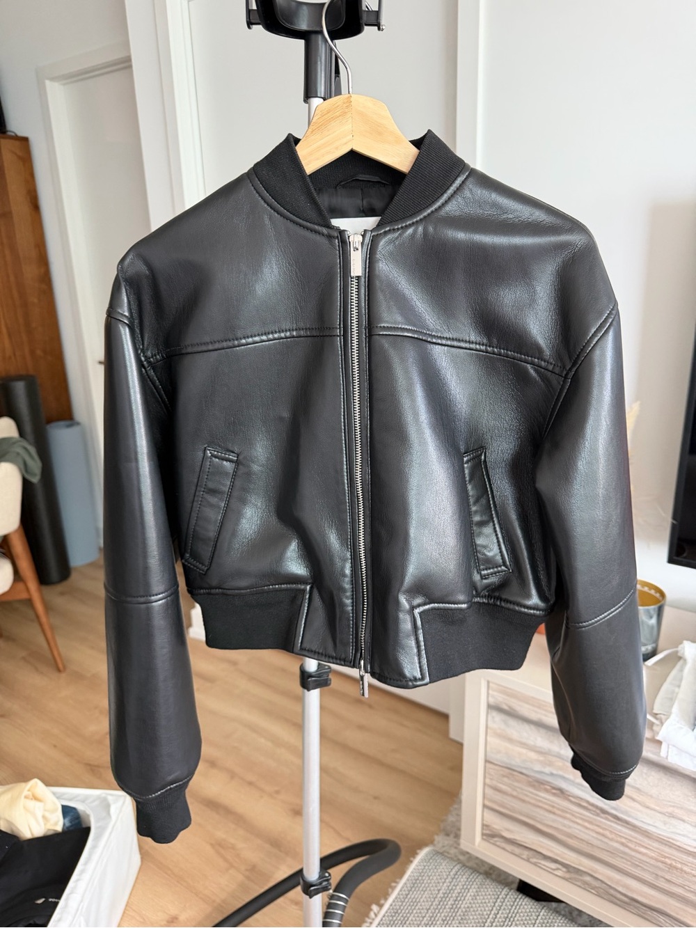 Babaton Aritzia Black Faux Leather Bomber Jacket